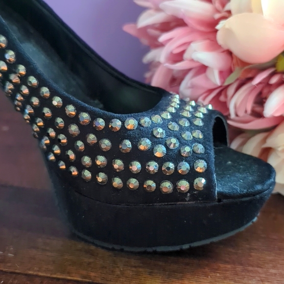 Candies Velvet Platform High Heel Rhinestone Peep Toe Pumps - Picture 2 of 13